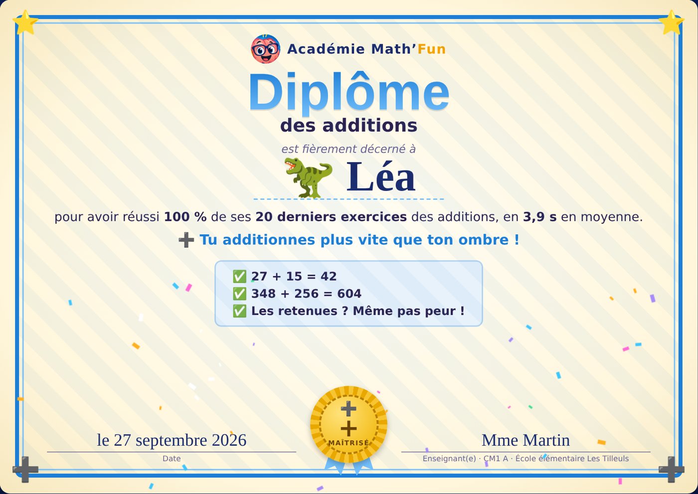 Un diplôme des additions, signé par l'enseignante.