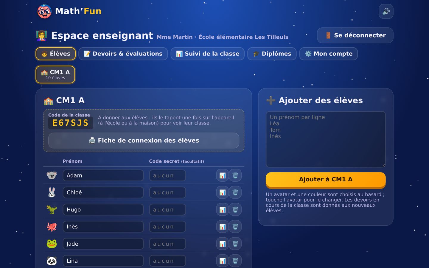 Liste des élèves avec code de classe