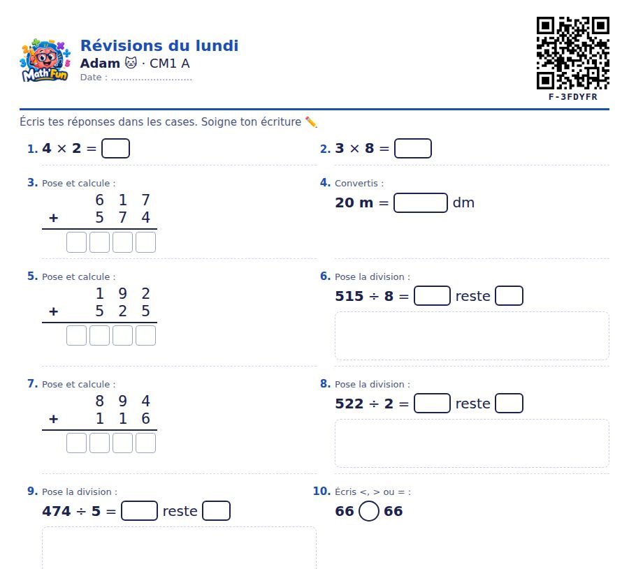 Une fiche personnalisée : prénom, QR code, cases réponses, place pour poser les opérations.