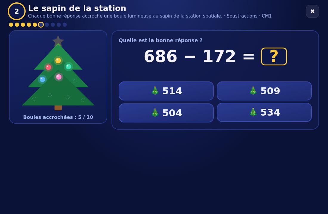 Calendrier de l'Avent : le jeu « Le sapin de la station », une soustraction et quatre réponses au choix, le sapin a 5 boules sur 10