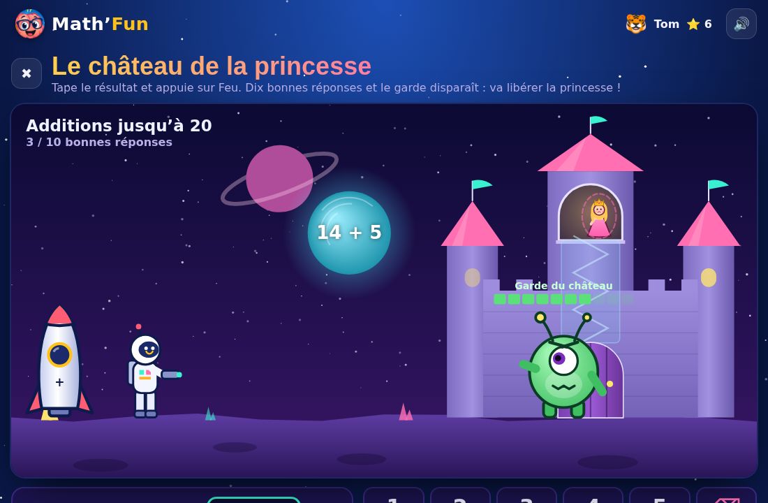 Le château de la princesse : un astronaute tire sur une boule d'énergie 14 + 5 lancée par un garde extraterrestre devant la porte du château, la princesse attend en haut de la tour