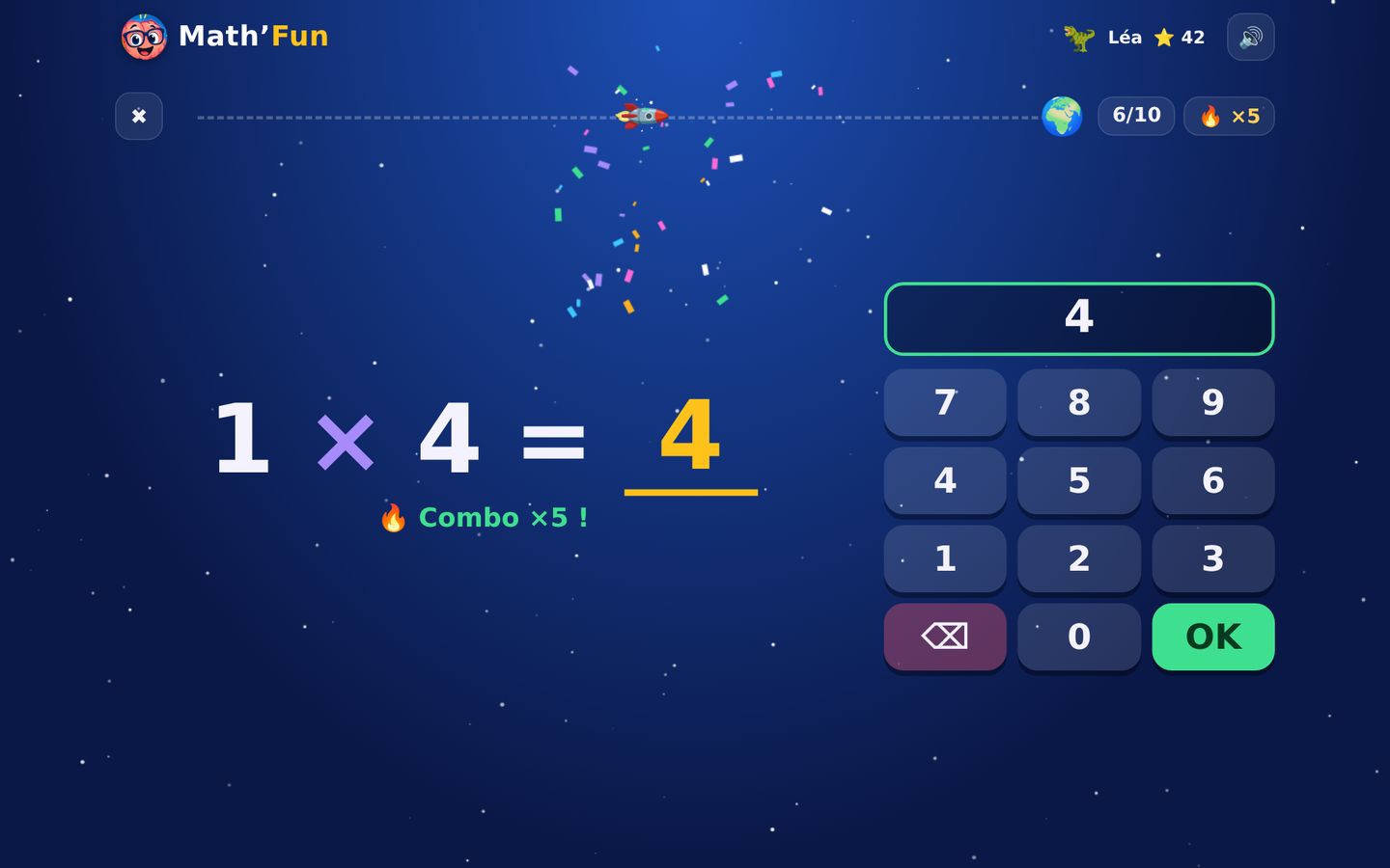 Écran de jeu Math'Fun : 4 × 3 = 12, combo ×5, pavé numérique à droite