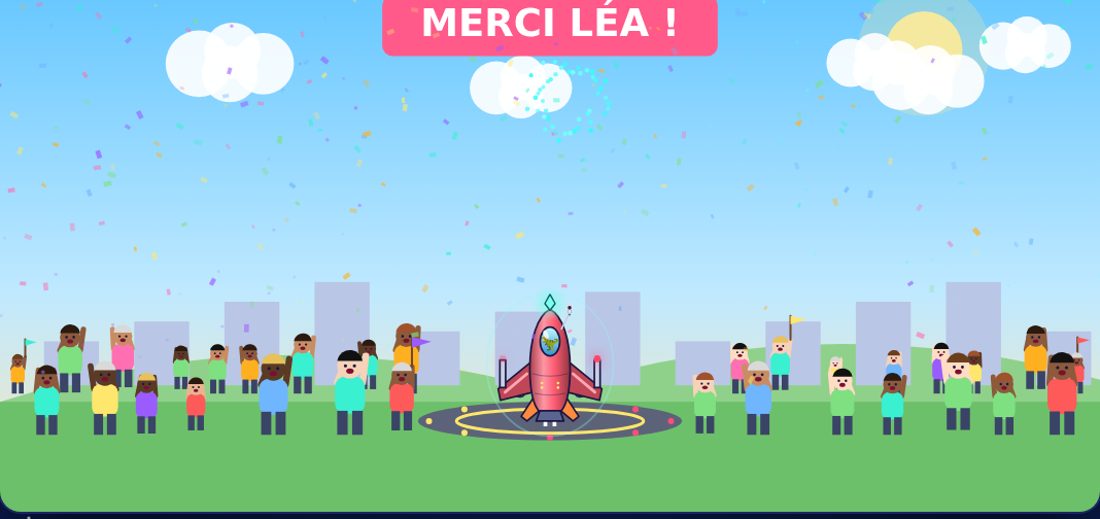 Le vaisseau de l'élève se pose sur Terre, la foule applaudit sous une banderole « Merci Léa ! »