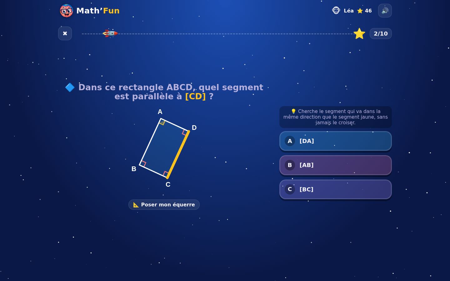 Rectangle ABCD : quel segment est parallèle à [CD] ? avec les angles droits marqués