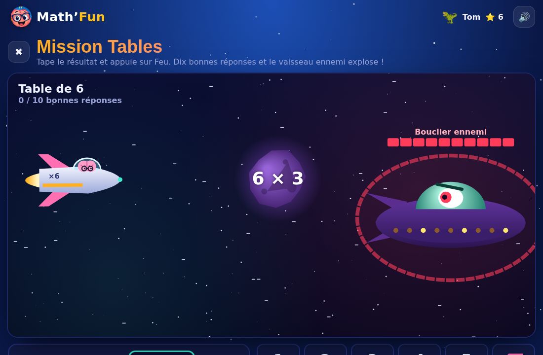Mission Tables : le vaisseau de l'élève tire sur un astéroïde 6 × 9 envoyé par un vaisseau ennemi