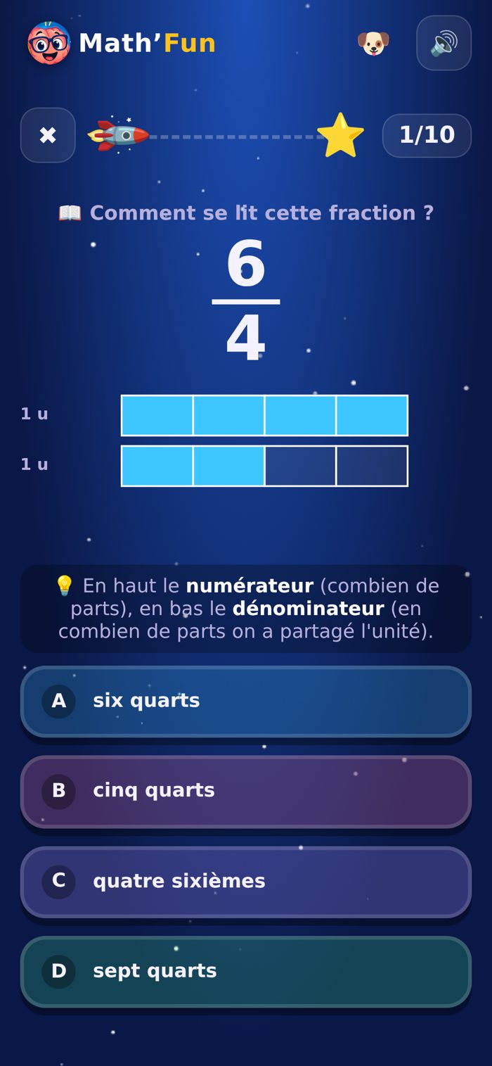 Math'Fun sur téléphone : exercice de fractions